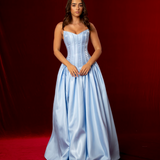 Shallow Vneck baby blue liquid taffeta drop waist dress with slit and lace up back