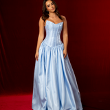 Shallow Vneck baby blue liquid taffeta drop waist dress with slit and lace up back