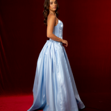 Shallow Vneck baby blue liquid taffeta drop waist dress with slit and lace up back