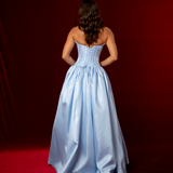 Shallow Vneck baby blue liquid taffeta drop waist dress with slit and lace up back