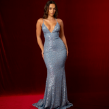 blue sequined mermaid gown featuring a plunging V neckline and criss-crossed corset back.