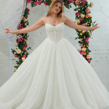 white lace ballgown featuring a strapless sweetheart neckline, basque waistline, corset back, and voluminous crinoline skirt
