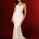 white strapless mermaid wedding dress with sweetheart neckline, exposed boning, corset back, and lace sequin detailing