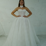 ballgown wedding dress featuring sparkling lace, dramatic hips, and an elegant neck cuff for hire