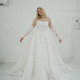 romantic white ballgown adorned with floral lace and enchanting 3D floral details for hire
