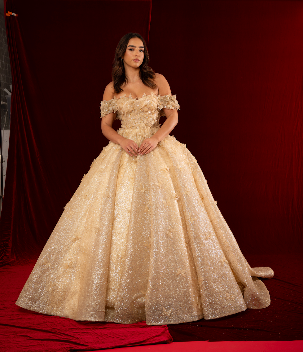Jaylyn sparkling gold princess dress with off the shoulder sleeves and Destiny Chic Jaylyn sparkling gold princess dress with off the shoulder sleeves and Destiny Chic