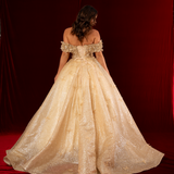 Jaylyn sparkling gold princess dress with off the shoulder sleeves and 3D butterflies for hire