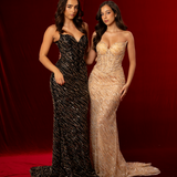 Black and gold beaded wavy neck strapless corset dres