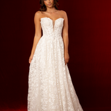 Full lace strapless boned dress with basque waist and lace up back Riviana