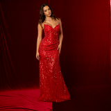 Bright Red beaded Basque waist open back dangling lace v neck corset top mermaid dress