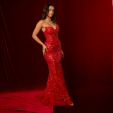 Bright Red beaded Basque waist open back dangling lace v neck corset top mermaid dress
