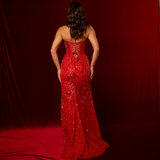 Bright Red beaded Basque waist open back dangling lace v neck corset top mermaid dress