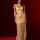 Gold beaded Basque waist open back dangling lace v neck corset top mermaid dress