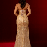 Gold beaded Basque waist open back dangling lace v neck corset top mermaid dress