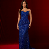 Royal blue beaded daisy sequin flowers dress with basque waist and open back