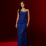 Royal blue beaded daisy sequin flowers dress with basque waist and open back