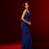 Royal blue beaded daisy sequin flowers dress with basque waist and open back