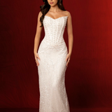 Ivory white beaded dress with basque waist and open back
