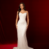 Ivory white beaded dress with basque waist and open back for hire