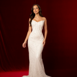 Ivory white beaded dress with basque waist and open back for hire