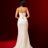 Ivory white beaded dress with basque waist and open back for hire