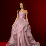 Muted purple mauve organza ruffled dress with lace up back