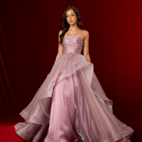 Muted purple mauve organza ruffled dress with lace up back