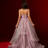 Muted purple mauve organza ruffled dress with lace up back