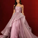 Muted purple mauve organza ruffled dress with lace up back