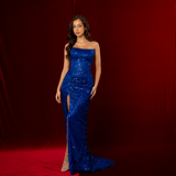 Royal blue beaded lace crescent moon neckline and a high slit dress