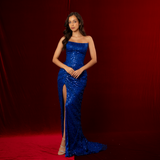 Royal blue beaded lace crescent moon neckline and a high slit dress