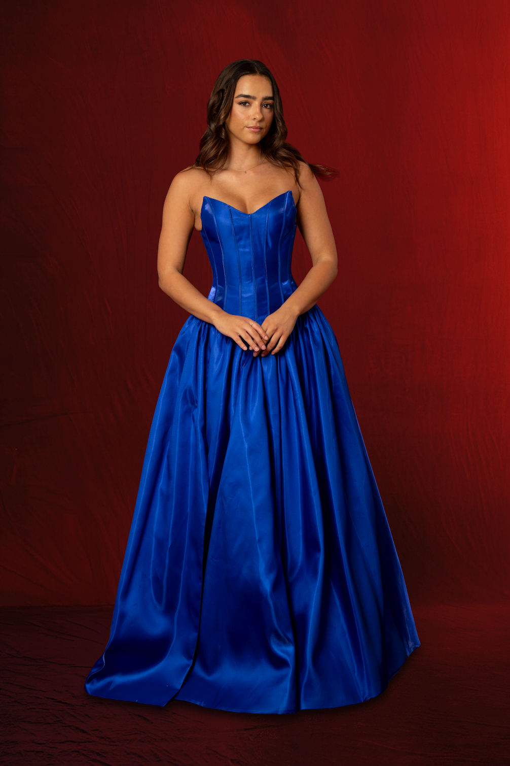 Shallow Vneck royal blue liquid taffeta drop waist dress with slit and lace up back Shallow Vneck royal blue liquid taffeta drop waist dress with slit and lace up back