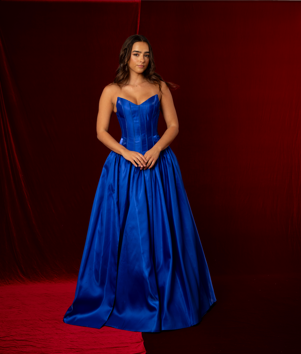 Shallow Vneck royal blue liquid taffeta drop waist dress with slit and lace up back Shallow Vneck royal blue liquid taffeta drop waist dress with slit and lace up back