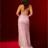 Beaded ombre purple lace crescent moon and a high slit dress