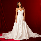 Satin wedding dress with lace up back and Vneck and amazing lace train