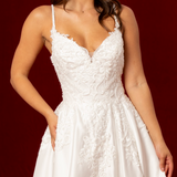 Satin wedding dress with lace up back and Vneck and amazing lace train