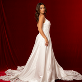 Satin wedding dress with lace up back and Vneck and amazing lace train