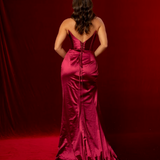Wavy neckline deep pink high slit dress
