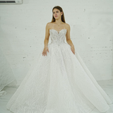 dazzling ballgown wedding dress featuring a crystal-encrusted bodice, glowing skirt, and regal elegance.