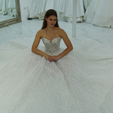 dazzling ballgown wedding dress featuring a crystal-encrusted bodice, glowing skirt, and regal elegance.