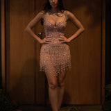Beaded rose gold pink bustier cup dress with lace up back