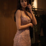 Beaded rose gold pink bustier cup dress with lace up back