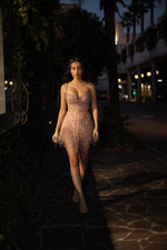 Angelina beaded rose gold pink bustier cup dress with lace up back