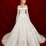 ballgown wedding dress with floral lace and elegant off-shoulder sleeves.