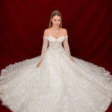 ballgown wedding dress with floral lace and elegant off-shoulder sleeves.