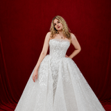 A dreamy white wedding gown with sparkling lace and fairytale elegance for hire