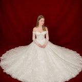 ballgown wedding dress with floral lace and elegant off-shoulder sleeves.