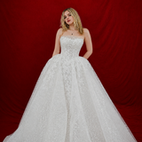 A dreamy white wedding gown with sparkling lace and fairytale elegance for hire