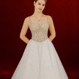 white ballgown featuring sparkling floral embellishments and an elegant corset silhouette.