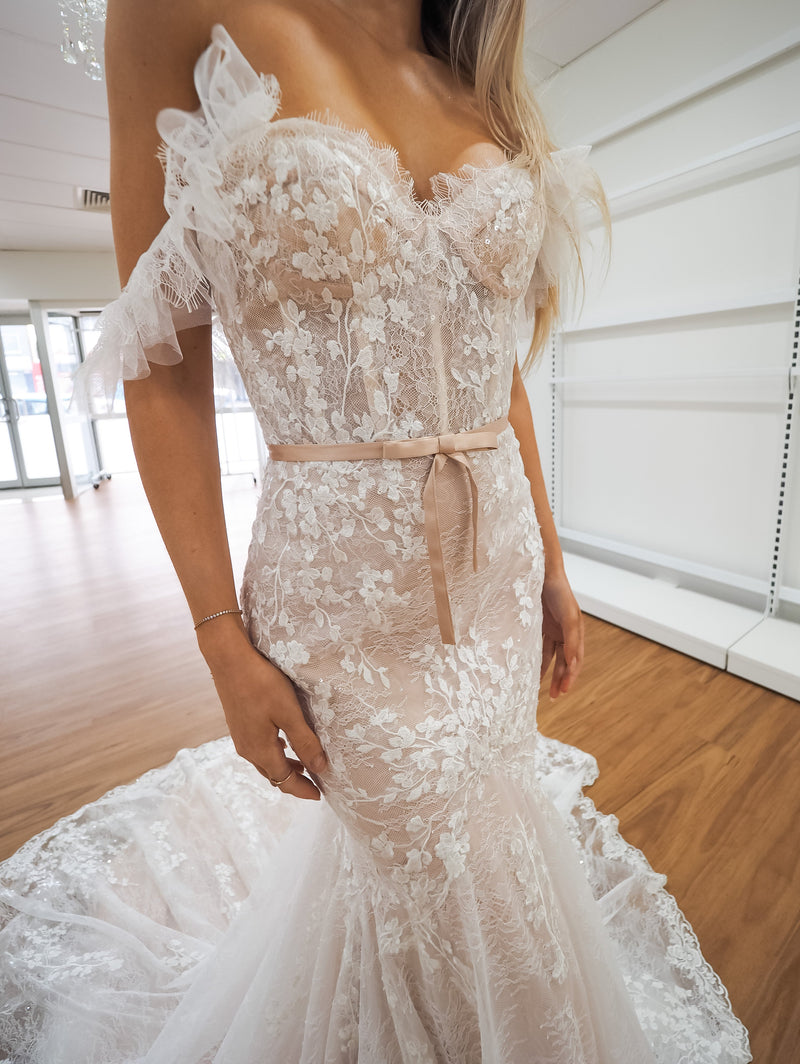 hidden bustier cups blush mermaid dress with long train for hire